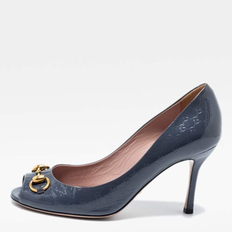 Pre Owned Gucci Dark Grey Guccissima Patent Leather Horsebit Peep Toe Pumps Size 38