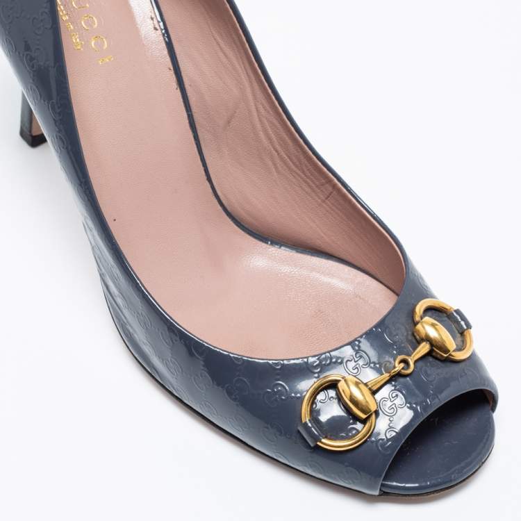 Pre Owned Gucci Dark Grey Guccissima Patent Leather Horsebit Peep Toe Pumps Size 38