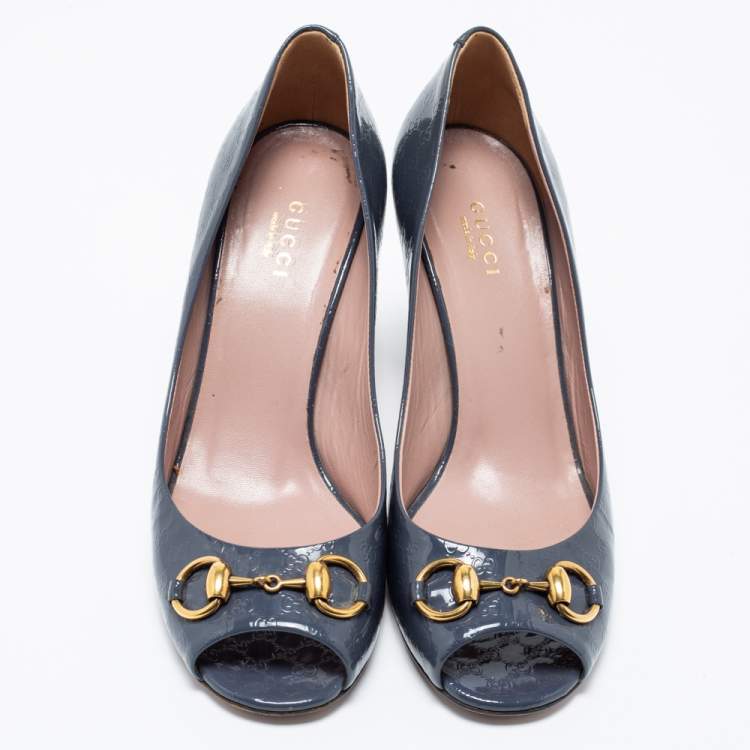 Pre Owned Gucci Dark Grey Guccissima Patent Leather Horsebit Peep Toe Pumps Size 38