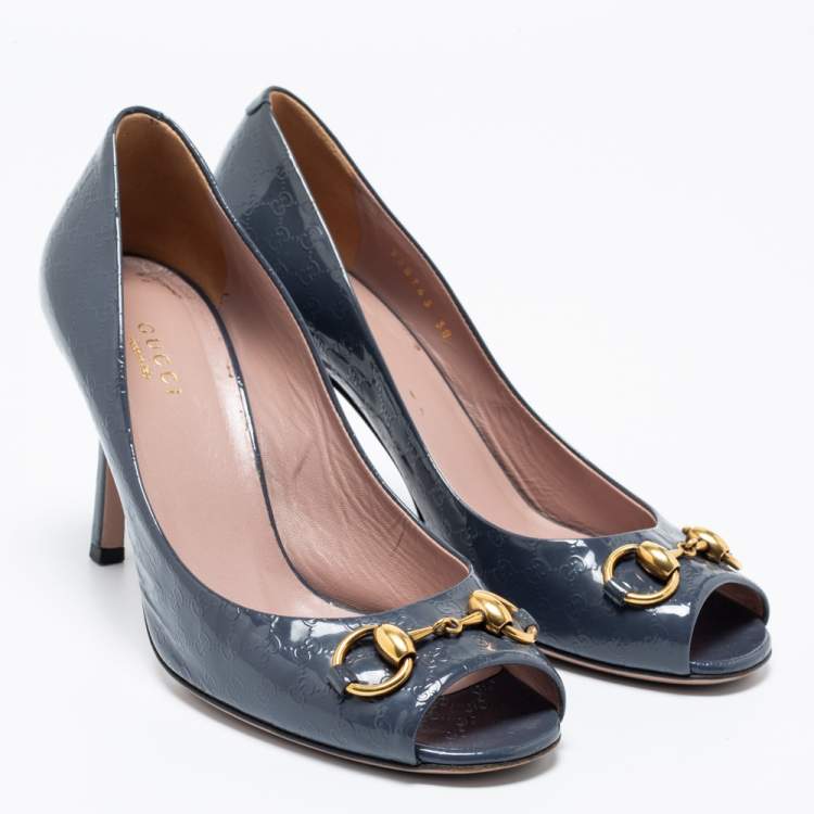 Pre Owned Gucci Dark Grey Guccissima Patent Leather Horsebit Peep Toe Pumps Size 38