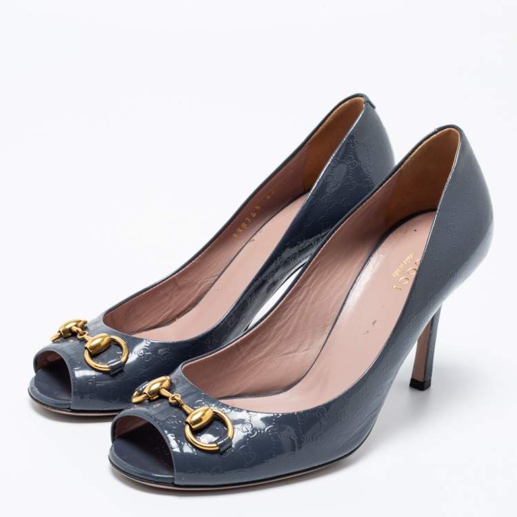 Pre Owned Gucci Dark Grey Guccissima Patent Leather Horsebit Peep Toe Pumps Size 38