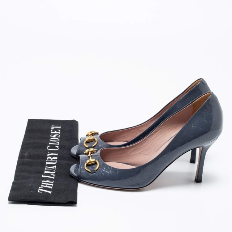 Pre Owned Gucci Dark Grey Guccissima Patent Leather Horsebit Peep Toe Pumps Size 38