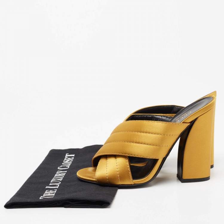 Pre Owned Gucci Mustard Quilted Satin Crisscross Mules Size 38.5