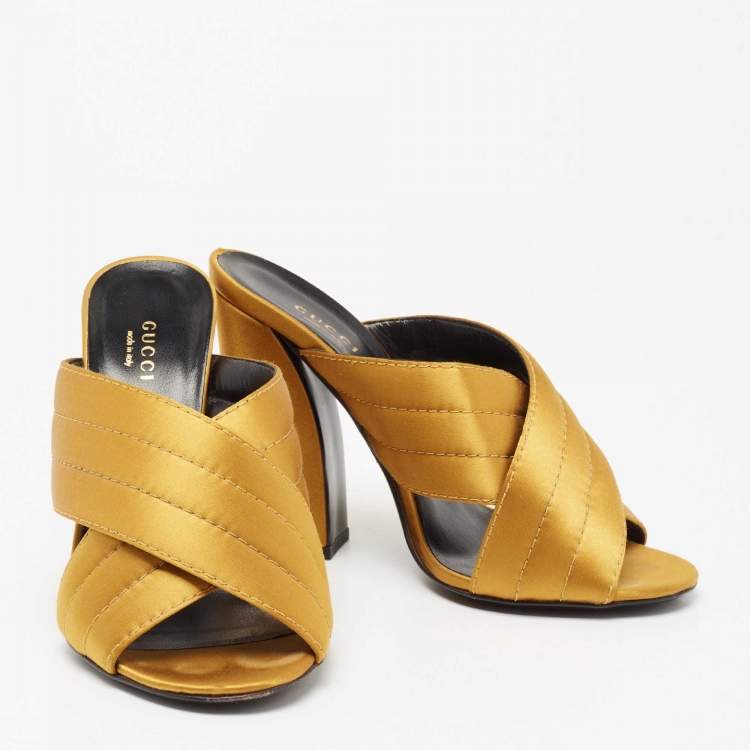 Pre Owned Gucci Mustard Quilted Satin Crisscross Mules Size 38.5