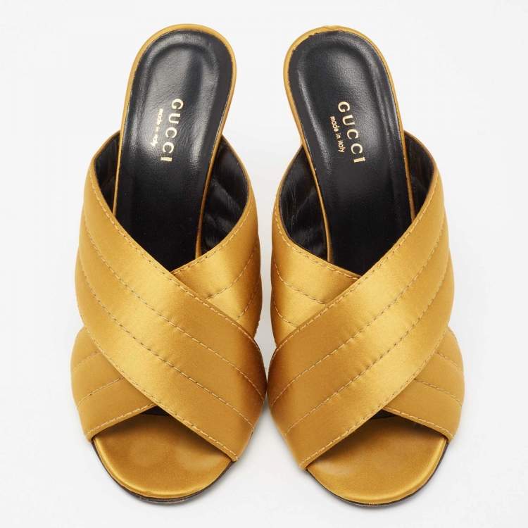 Pre Owned Gucci Mustard Quilted Satin Crisscross Mules Size 38.5