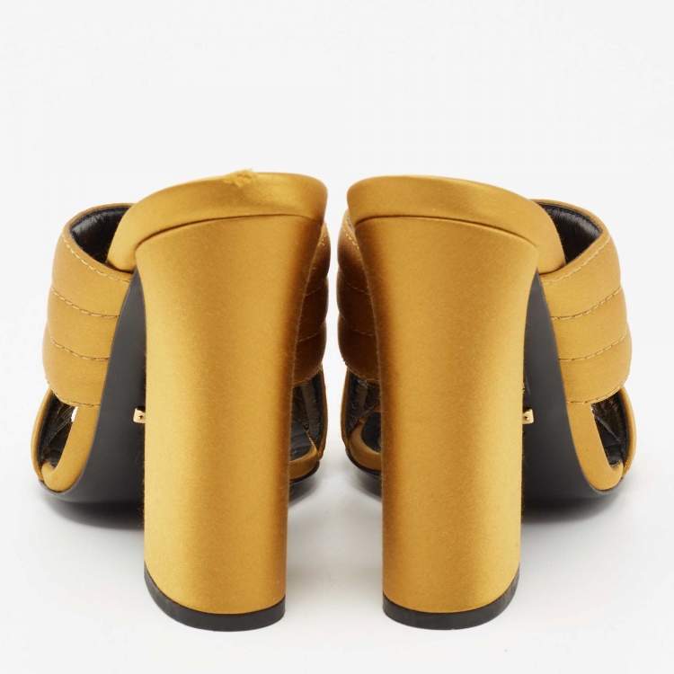 Pre Owned Gucci Mustard Quilted Satin Crisscross Mules Size 38.5