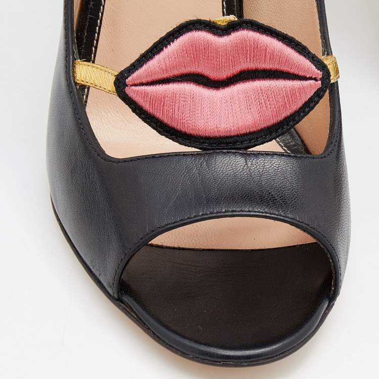 Pre Owned Gucci Black Leather Molina Lips Peep Toe Pumps Size 37.5