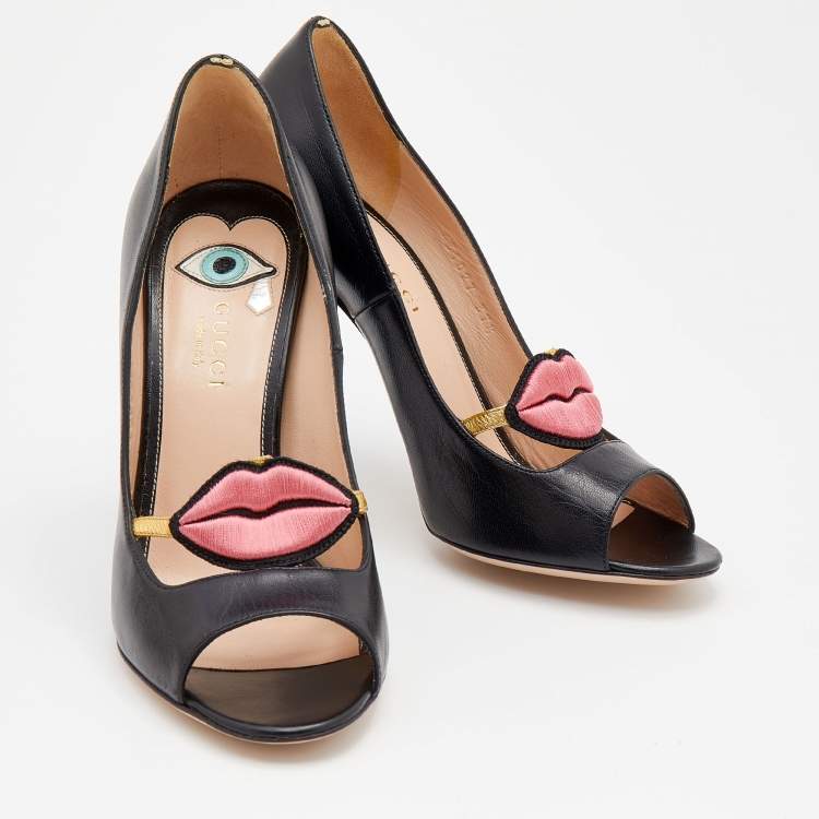Pre Owned Gucci Black Leather Molina Lips Peep Toe Pumps Size 37.5