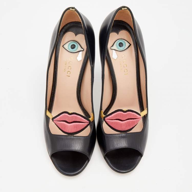 Pre Owned Gucci Black Leather Molina Lips Peep Toe Pumps Size 37.5