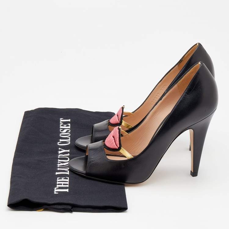 Pre Owned Gucci Black Leather Molina Lips Peep Toe Pumps Size 37.5