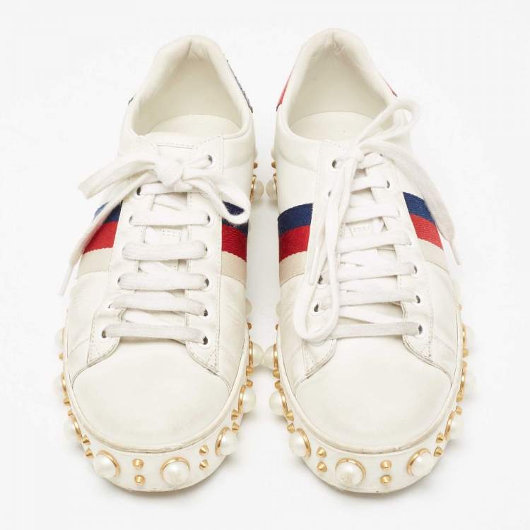 Pre Owned Gucci White Leather Pearl Studded Ace Low Top Sneakers Size 38