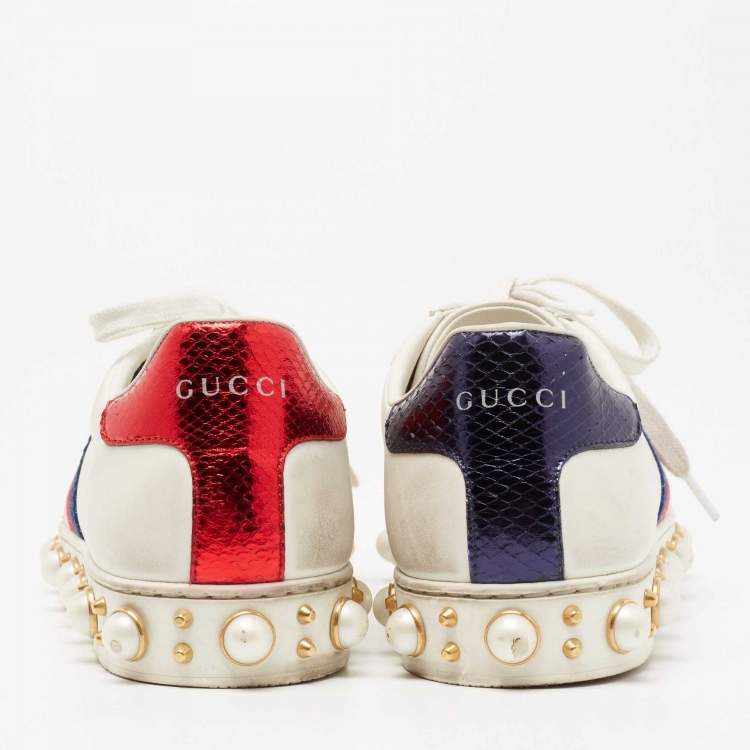 Pre Owned Gucci White Leather Pearl Studded Ace Low Top Sneakers Size 38