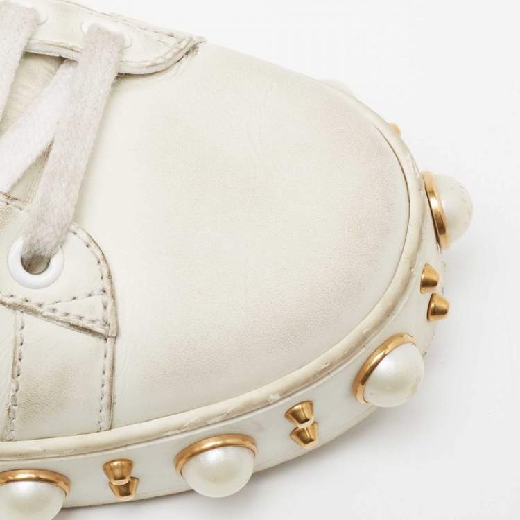 Pre Owned Gucci White Leather Pearl Studded Ace Low Top Sneakers Size 38