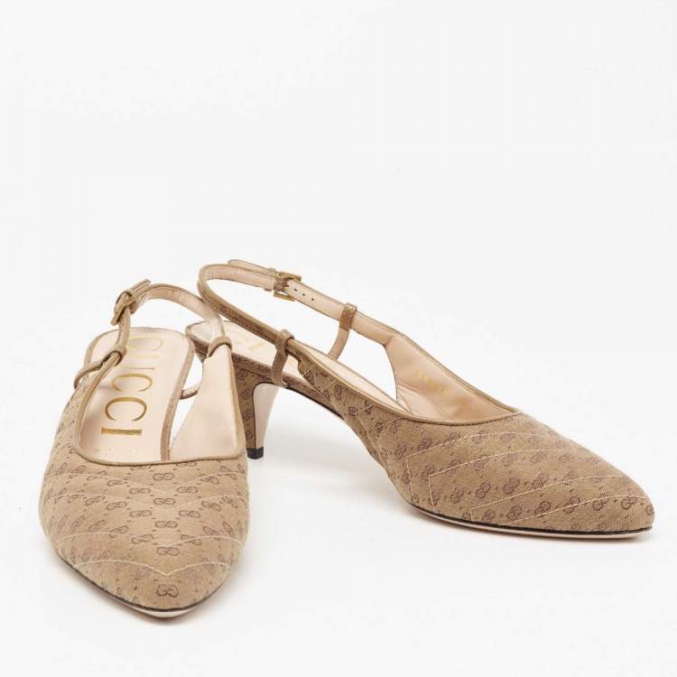 Pre Owned Gucci Beige Canvas GG Slingback Pumps Size 40.5