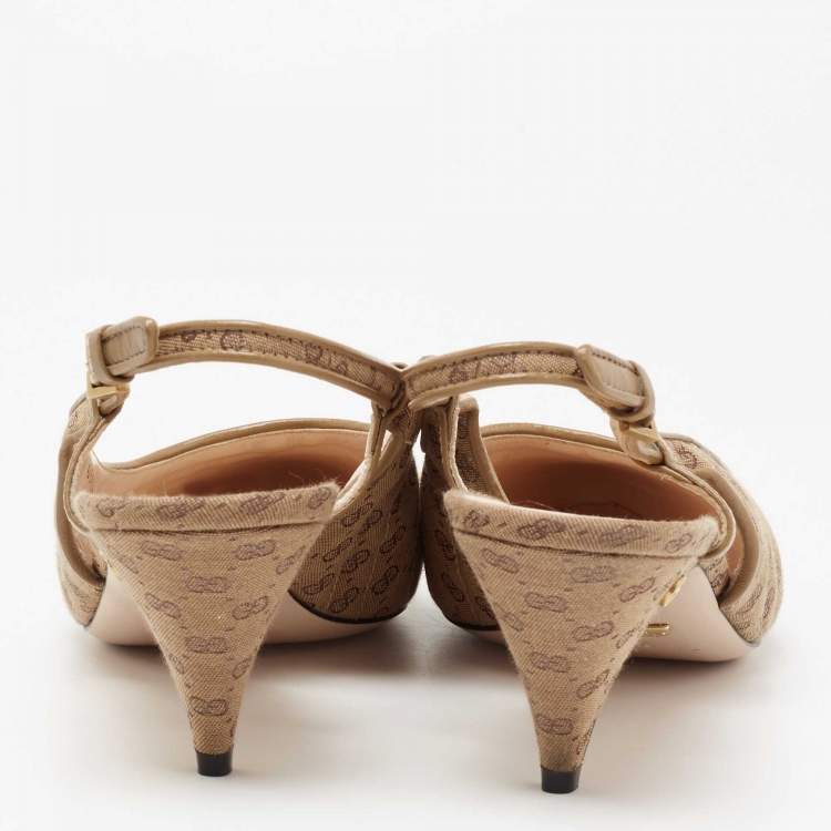 Pre Owned Gucci Beige Canvas GG Slingback Pumps Size 40.5