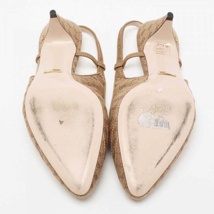 Pre Owned Gucci Beige Canvas GG Slingback Pumps Size 40.5