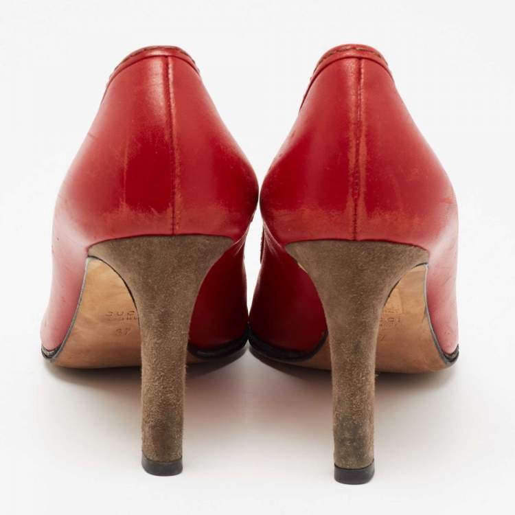 Pre Owned Gucci Red Leather Bamboo Bow Peep-Toe Pumps Size 37