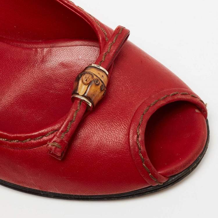 Pre Owned Gucci Red Leather Bamboo Bow Peep-Toe Pumps Size 37