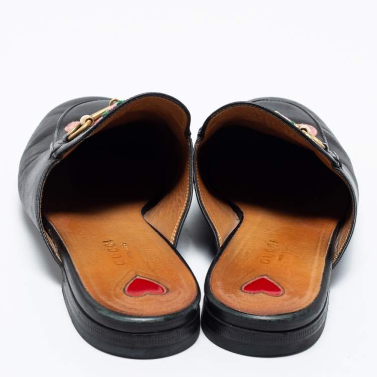 Pre Owned Gucci Black Floral Embroidered Leather Princetown Horsebit Flat Mules Size 39