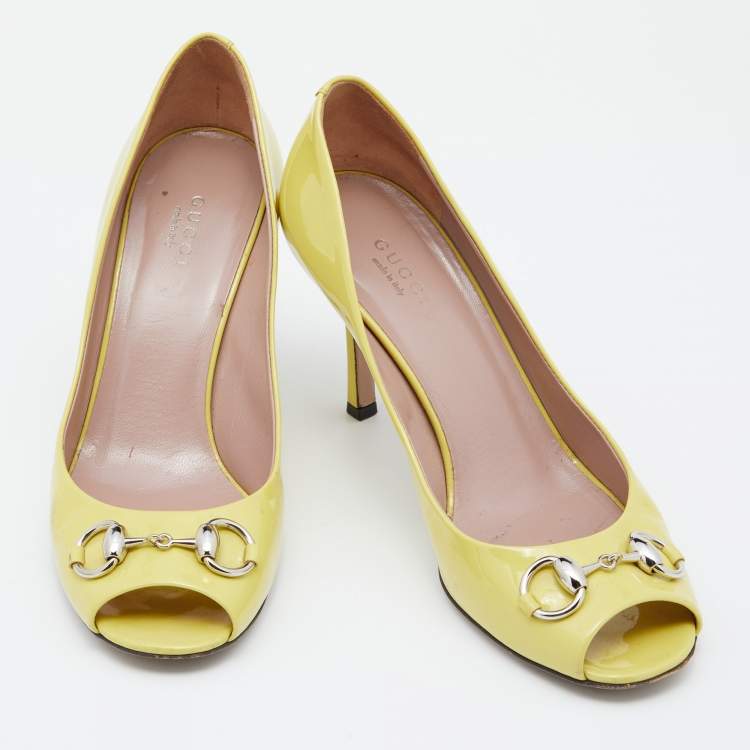 Pre Owned Gucci Yellow Patent Leather Horsebit  Pumps Size 38