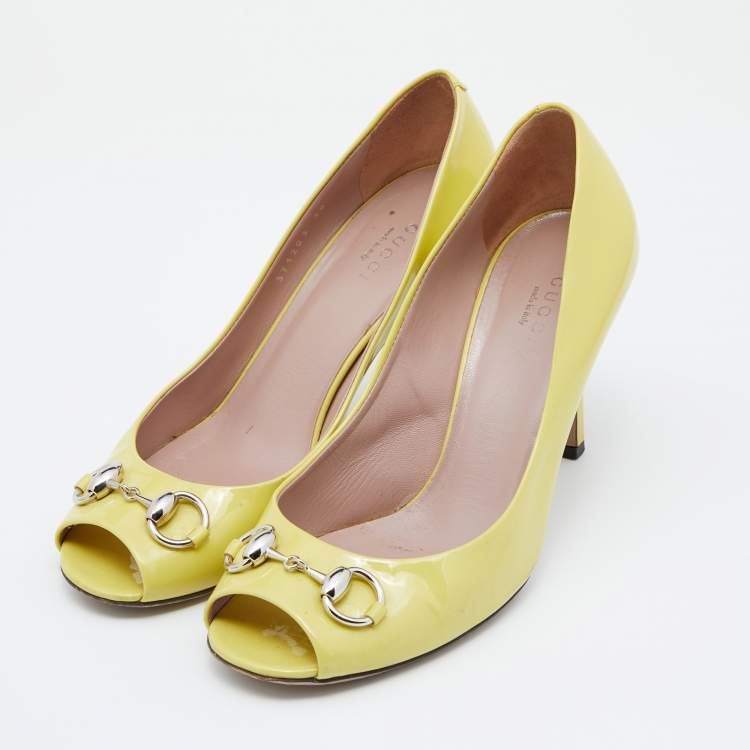 Pre Owned Gucci Yellow Patent Leather Horsebit  Pumps Size 38