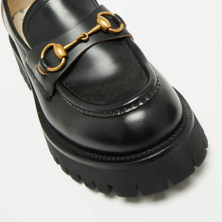 Pre Owned Gucci Black  Leather Harald Horsebit Platform Loafers Size 38