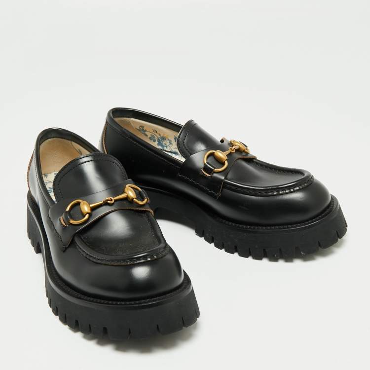 Pre Owned Gucci Black  Leather Harald Horsebit Platform Loafers Size 38