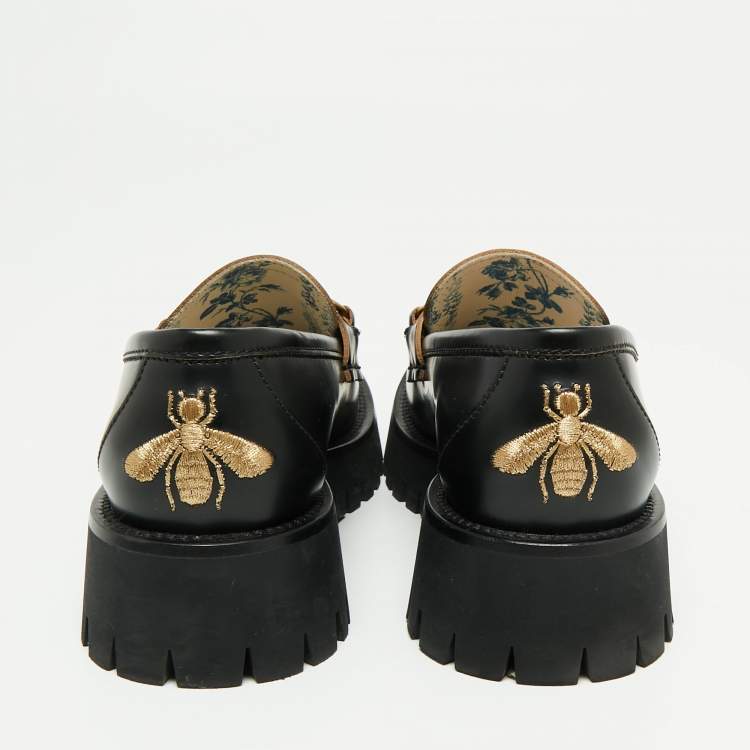 Pre Owned Gucci Black  Leather Harald Horsebit Platform Loafers Size 38