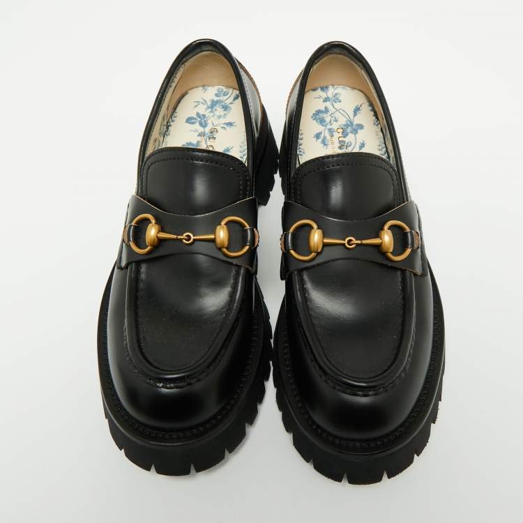 Pre Owned Gucci Black  Leather Harald Horsebit Platform Loafers Size 38