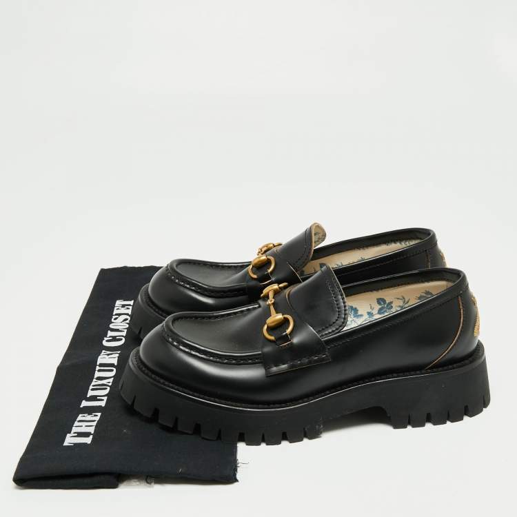 Pre Owned Gucci Black  Leather Harald Horsebit Platform Loafers Size 38