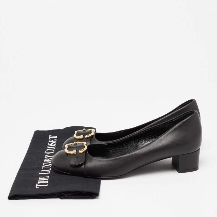 Pre Owned Gucci Black Leather Sachalin Buckle Detail Round Toe Block Heel Pumps Size 38