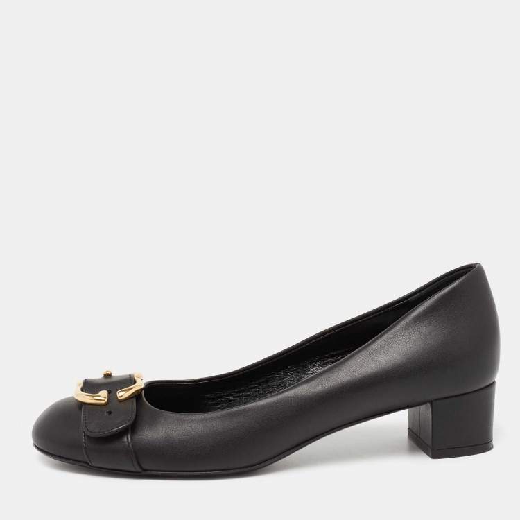 Pre Owned Gucci Black Leather Sachalin Buckle Detail Round Toe Block Heel Pumps Size 38