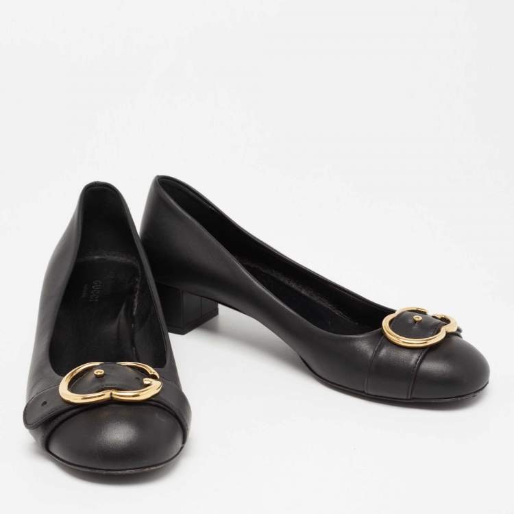 Pre Owned Gucci Black Leather Sachalin Buckle Detail Round Toe Block Heel Pumps Size 38