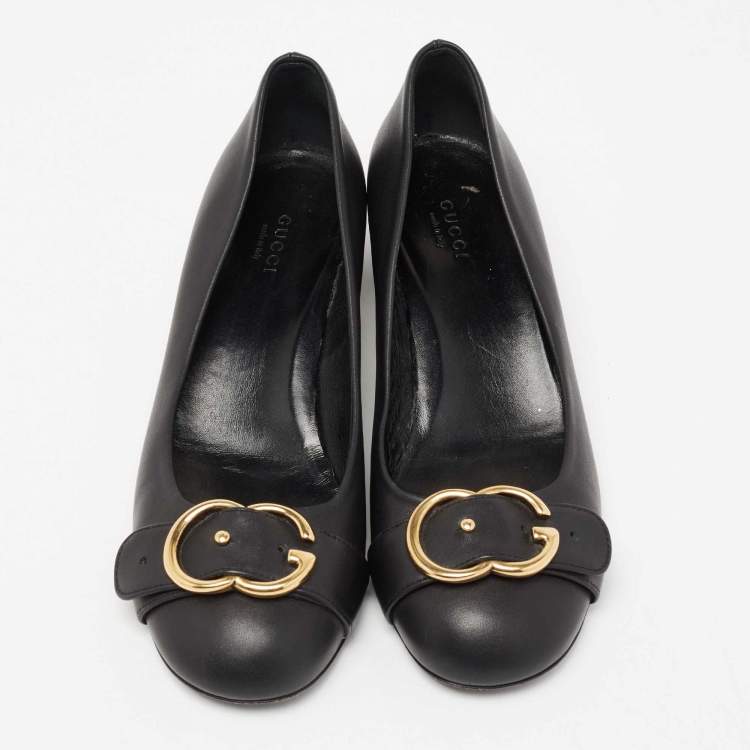 Pre Owned Gucci Black Leather Sachalin Buckle Detail Round Toe Block Heel Pumps Size 38