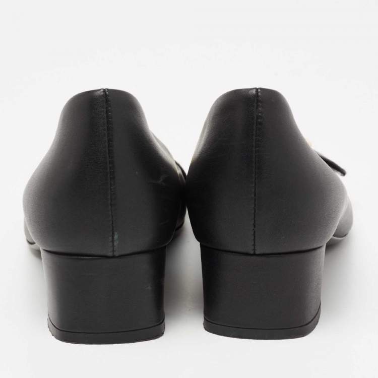 Pre Owned Gucci Black Leather Sachalin Buckle Detail Round Toe Block Heel Pumps Size 38