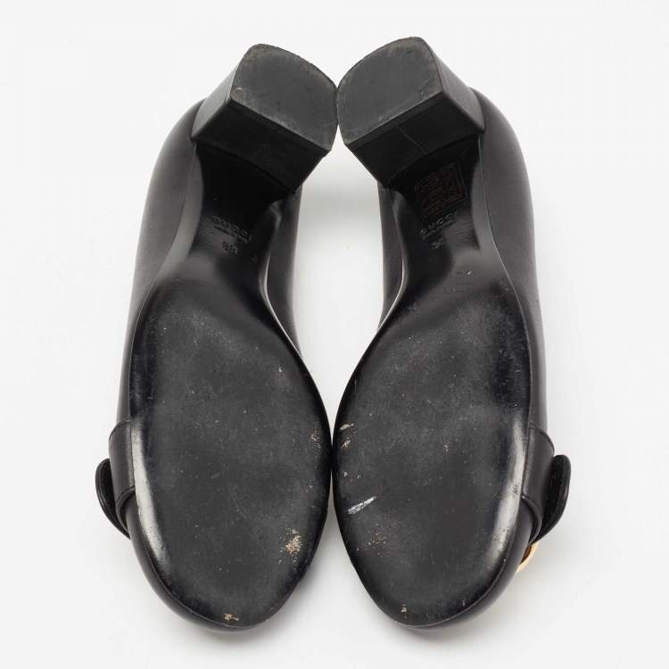 Pre Owned Gucci Black Leather Sachalin Buckle Detail Round Toe Block Heel Pumps Size 38