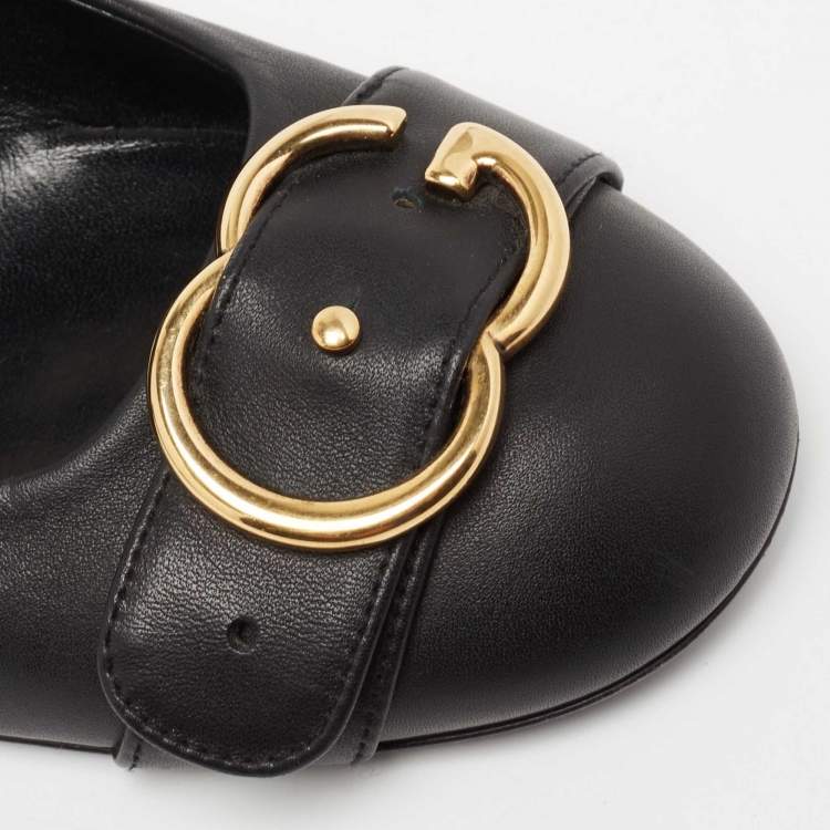Pre Owned Gucci Black Leather Sachalin Buckle Detail Round Toe Block Heel Pumps Size 38