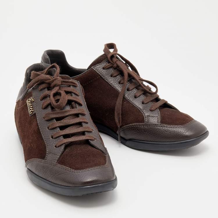 Pre Owned Gucci Dark Brown Suede and Leather Low Top Sneakers Size 36