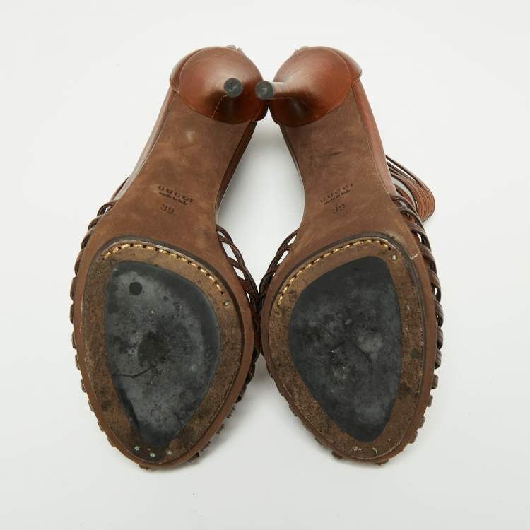 Pre Owned Gucci Brown Leather 'Inga' T-Strap Sandals Size 39