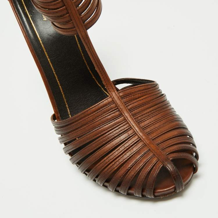 Pre Owned Gucci Brown Leather 'Inga' T-Strap Sandals Size 39