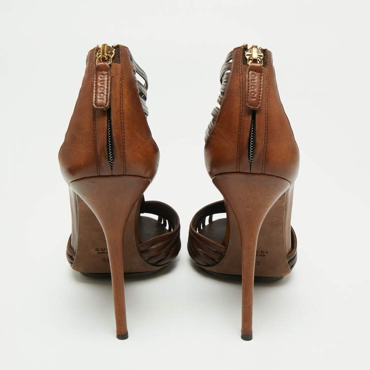 Pre Owned Gucci Brown Leather 'Inga' T-Strap Sandals Size 39