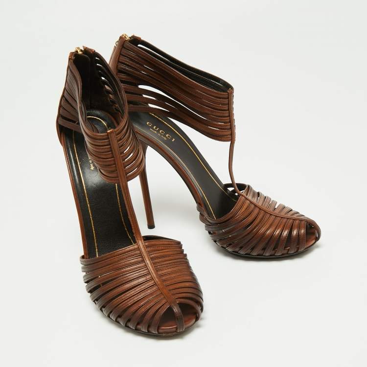 Pre Owned Gucci Brown Leather 'Inga' T-Strap Sandals Size 39