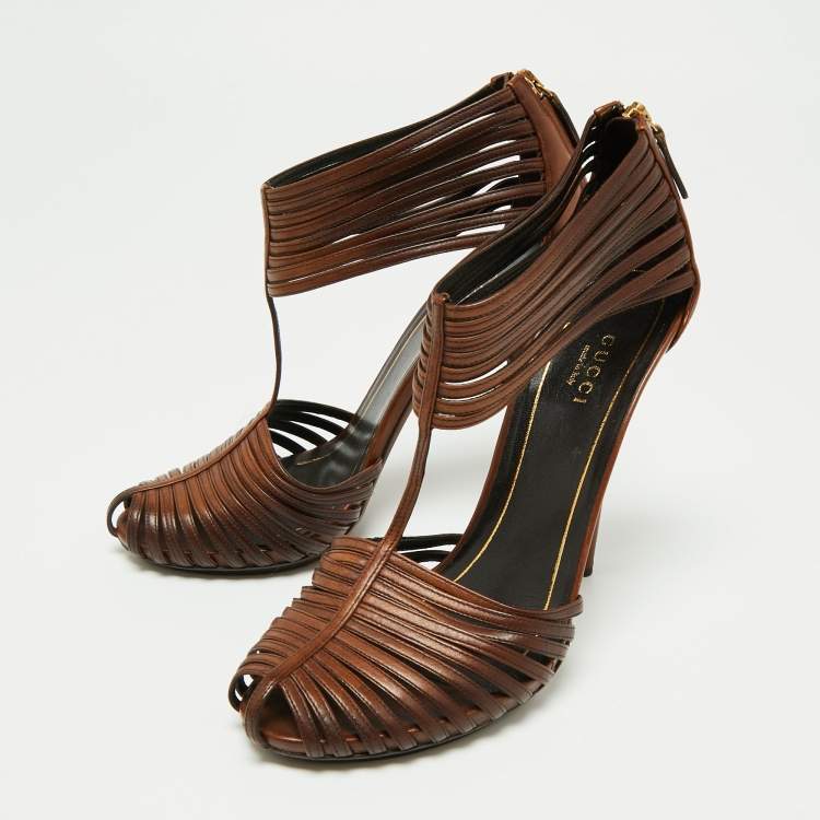 Pre Owned Gucci Brown Leather 'Inga' T-Strap Sandals Size 39