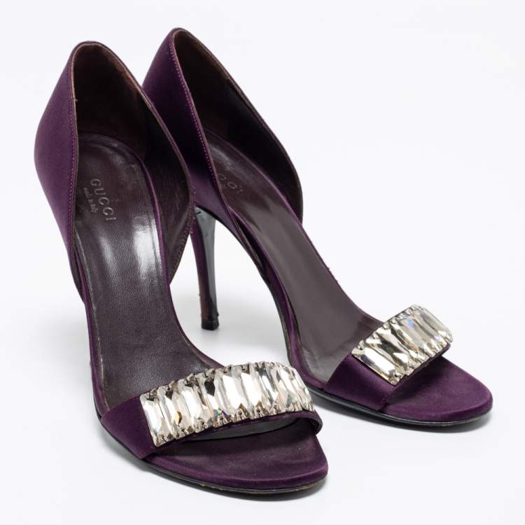 Pre Owned Gucci Purple Satin Crystal Embellished D'orsay Sandals Size 37.5
