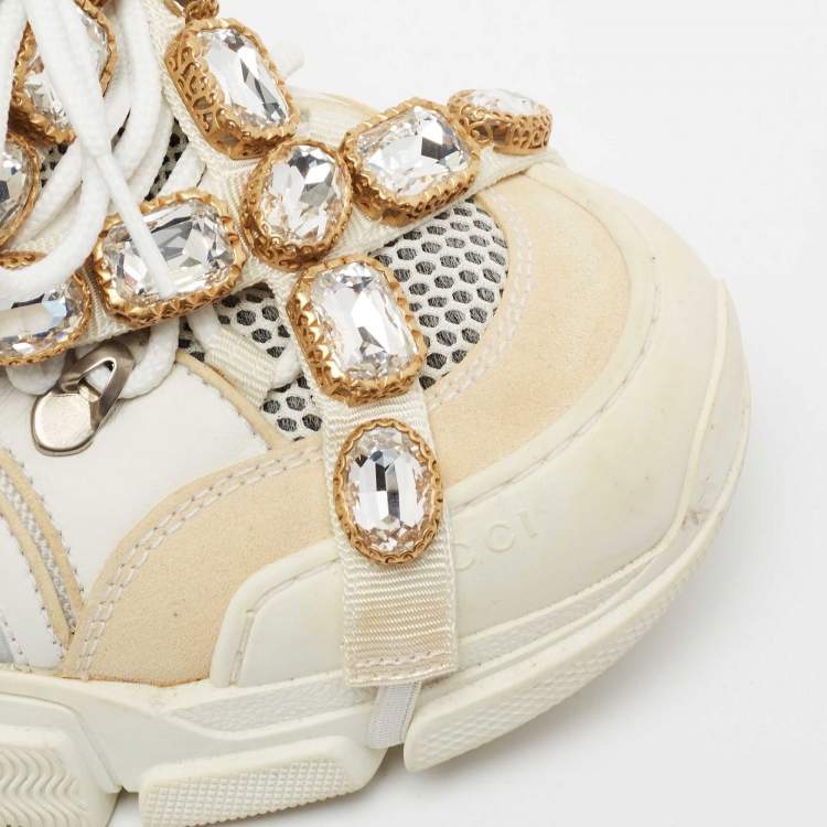 مملوكة مسبقًا Gucci White/Beige Leather And Mesh Leather Flashtrek Sneakers Size 40