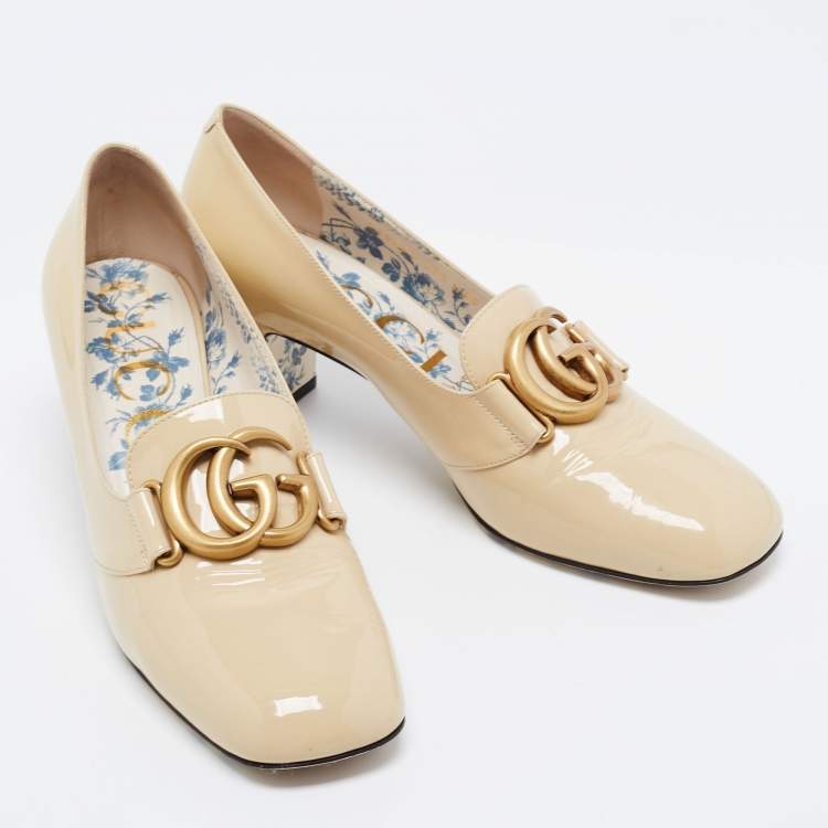Pre Owned Gucci Beige Patent Leather Victoire GG Logo Block Heel Pumps Size 39.5
