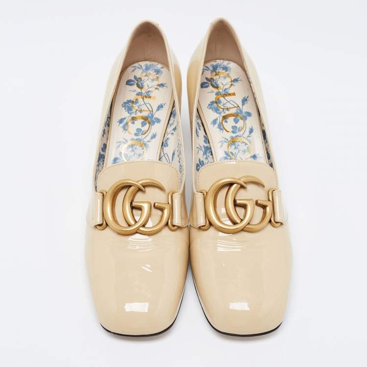 Pre Owned Gucci Beige Patent Leather Victoire GG Logo Block Heel Pumps Size 39.5