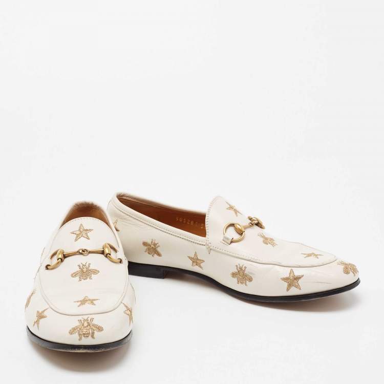 Pre Owned Gucci White Bee & Star Embroidered Leather Jordaan Loafers Size 38.5