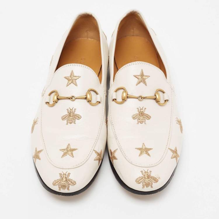 Pre Owned Gucci White Bee & Star Embroidered Leather Jordaan Loafers Size 38.5