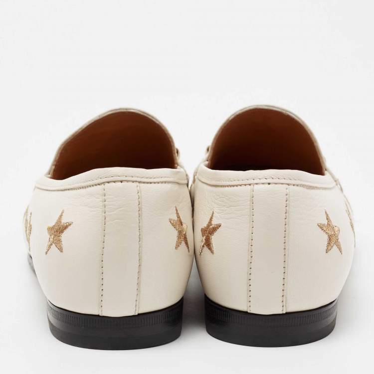 Pre Owned Gucci White Bee & Star Embroidered Leather Jordaan Loafers Size 38.5